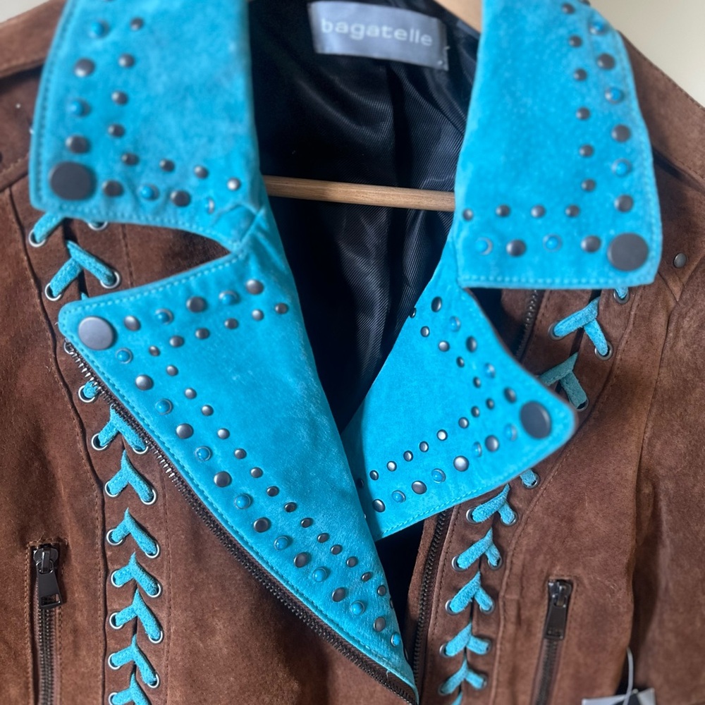 Bagatelle Brown and Blue Leather Jacket - Picture 4 of 9